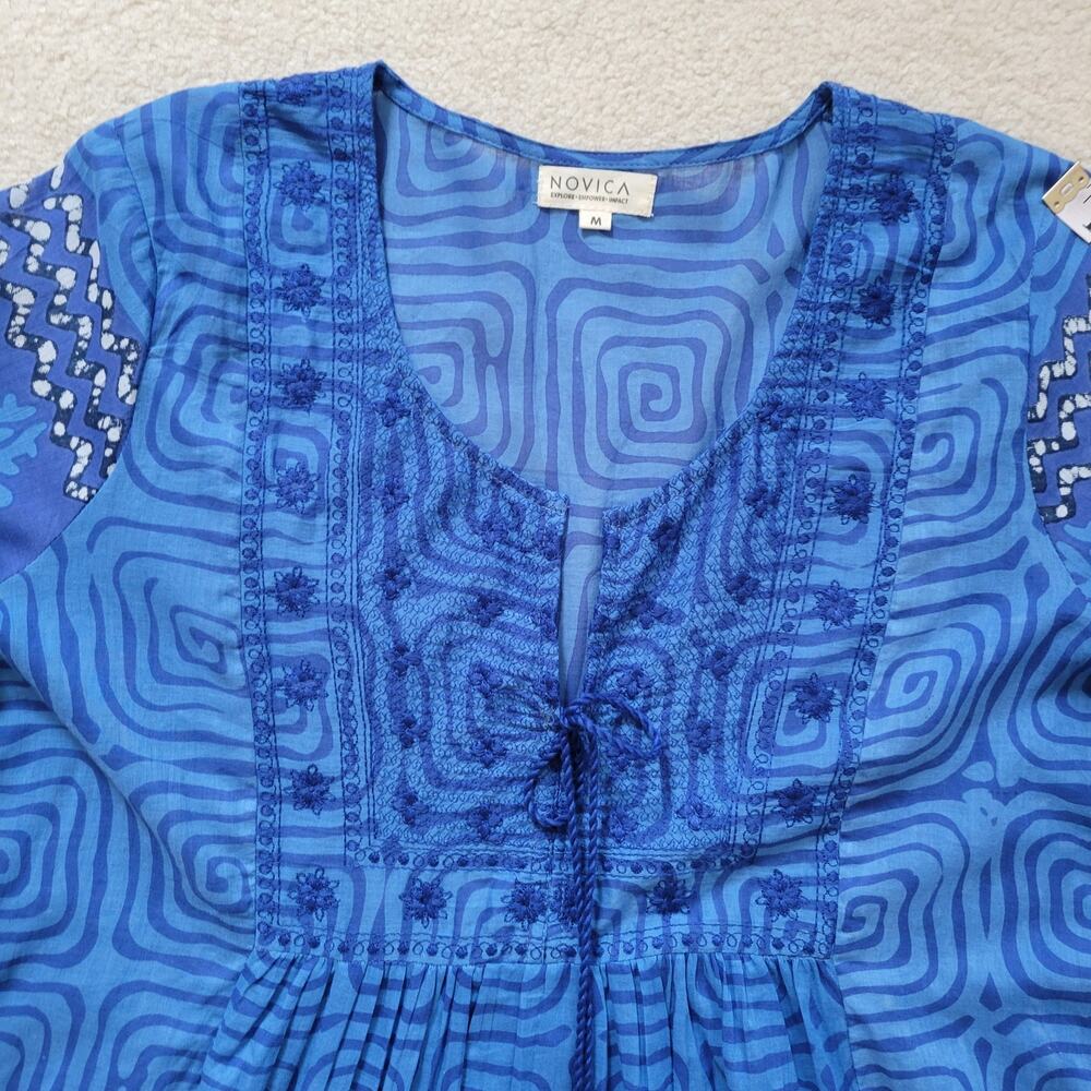 EUC Novica M Embroidered Tunic Dress Tassel Midi/Mini Boho Beachy Cruise Blue - Picture 5 of 16